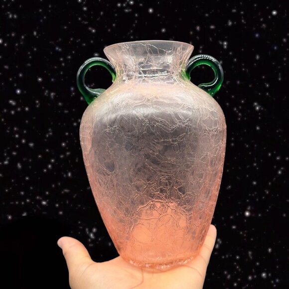 Pink Crackled Art Glass Vase with Applied Green Handles Textured Surface 8”T 3”W - Picture 2 of 13